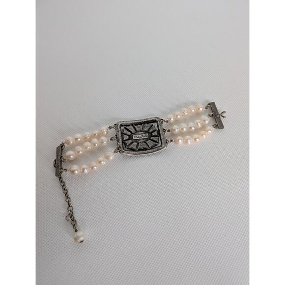 HALEY HILL SILVERTONE PEARL & RHINESTONE 3 STRAND BRACELET 1 1/2 X 7-9" - Picture 5 of 8